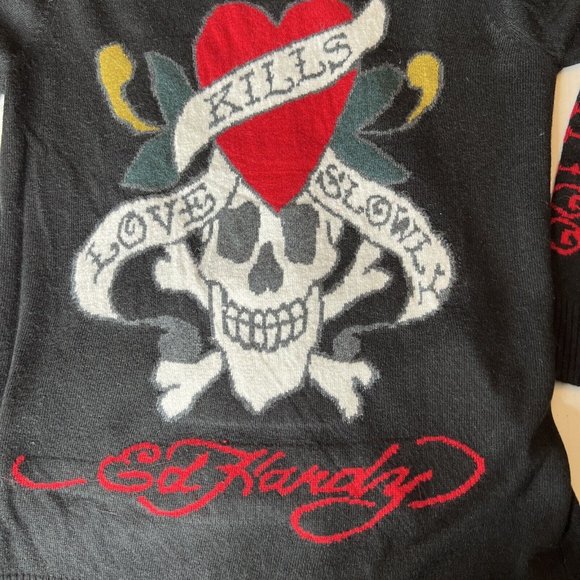Ed Hardy Sweaters - ED HARDY L Hooded Wool Blend Zip Knit Sweater Cardigan Scull LOVE KILLS SLOWLY
